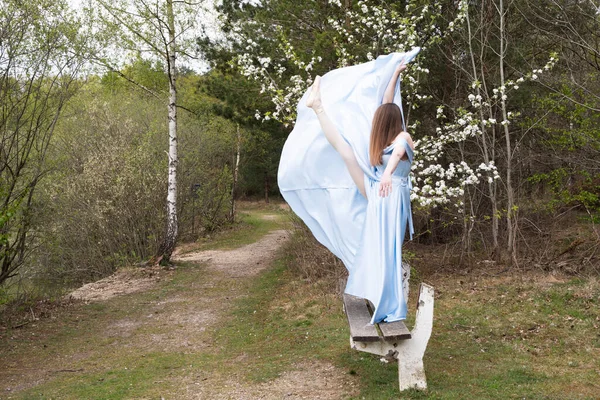 Красивая Балерина Синем Свадебном Платье Фоне Лесного Озера Зеленая Цветущая — стоковое фото