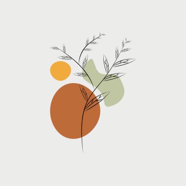 Botanik duvar sanat vektörü. Soyut şekilli, toprak tonunda boho yaprağı çizimi. Baskı, poster, kapak, duvar kağıdı, asgari ve doğal duvar sanatı için soyut sanat tasarımı.