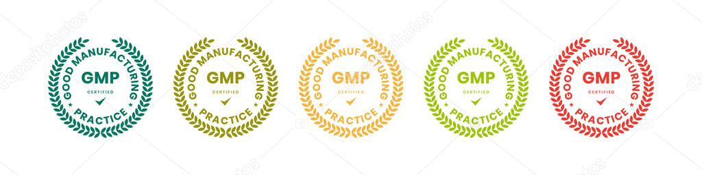 GMP Good Manufacturing Practice certified badge with wreath shape design
