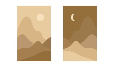  İki tablo seti, gece gündüz. El çizimi illüstrasyon.