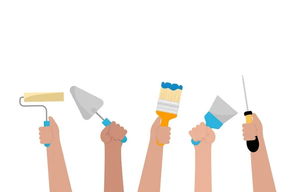  Ellerinde beyaz arka planda izole edilmiş bir araç bulunan bir grup inşaat işçisi.