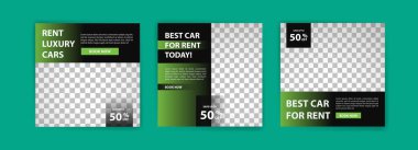 Otomotiv kiralama servisi için sosyal medya şablonu. Sosyal medya reklamları, web reklamları, iş mesajları, indirim broşürleri ve büyük satış afişleri için pankart vektörü.