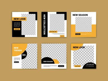 En az düzenlenebilir kare pankart şablonu seti. Sosyal medya posta şablonu için modern promosyon kare web pankartı. Sosyal medya paylaşımı ve internet reklamı için uygun. Fotoğraf okuluyla vektör illüstrasyonu