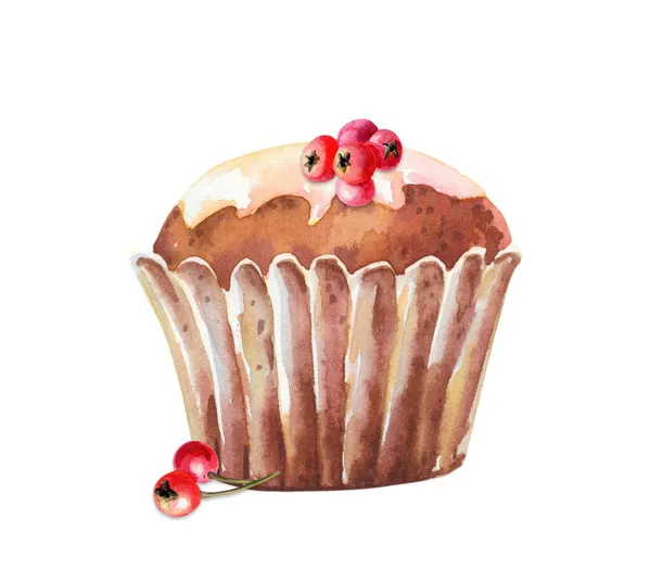 Watercolor muffin with red berry. Cute cupcake izolated on white background. — Stock Photo, Image