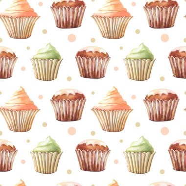 Kek, kek ve suluboya desenleri. Beyaz arka planda suluboya baskılar..