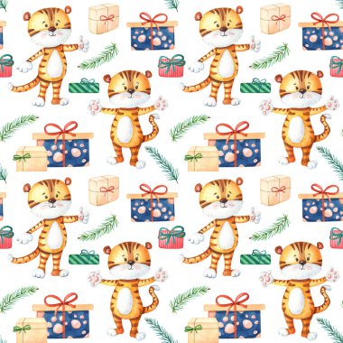 Suluboya kaplan ve hediyeler. Yeni yıl desenleri şirin turuncu hayvanlar, kutular, yeşil Noel ağacı