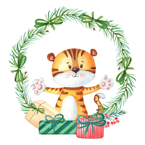 Corona de año nuevo acuarela. Tigre con árbol de Navidad y regalo. Lindo animal para tarjeta de felicitación. —  Fotos de Stock