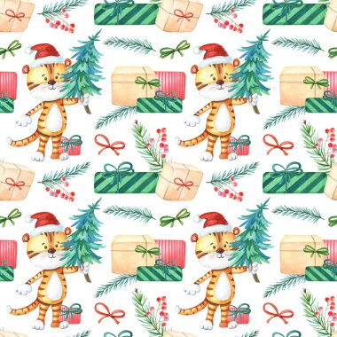 Suluboya kaplan, yeşil Noel ağacı ve hediyeler. Yeni yıl desenleri şirin turuncu hayvanlar, kutular