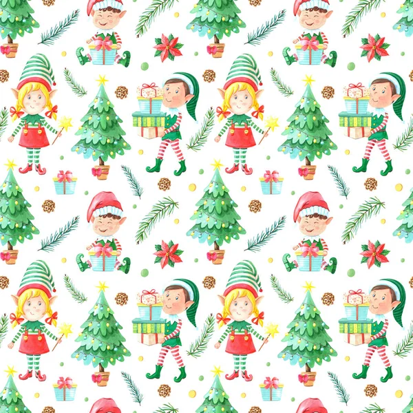 Christmas watercolor seamless pattern with elf boy,girl,christmas tree,gift box,green leaves,