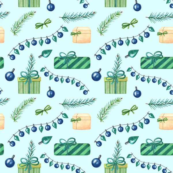 Watercolor Christmas toys,garland of lamps, gift boxes, green pine branches on blue background. — Stock Photo, Image