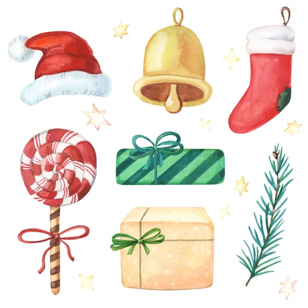 Set acquerello natalizio con cappello rosso, calzino, lecca-lecca, albero di Natale verde, campana gialla e scatole regalo. — Foto Stock