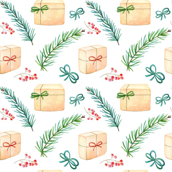 Watercolor Christmas gift boxes,bow, green pine branches on white background. — Stock Photo, Image
