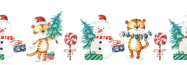 Acquerello bordo senza cuciture di Capodanno con tigri carine, pupazzo di neve, albero di Natale, confezione regalo — Foto Stock