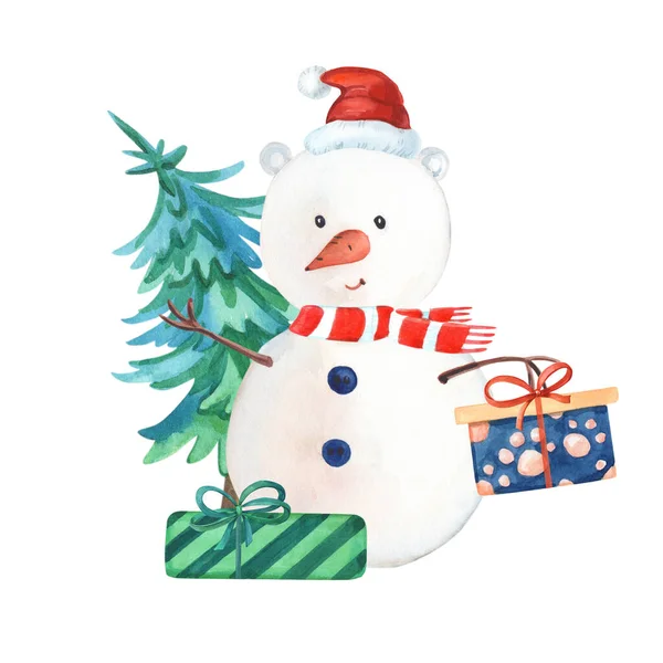 Υδατογραφία χιονάνθρωπος με πράσινο χριστουγεννιάτικο δέντρο και κουτιά δώρων. Εικόνα του νέου έτους — Φωτογραφία Αρχείου