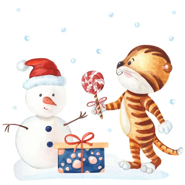 Boneco de neve aquarela com tigre, pirulito e caixas de presente. Ilustração de Ano Novo — Fotografia de Stock