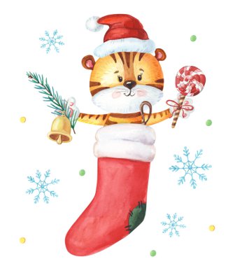 Çorapta suluboya kaplan. Lolipop, zil ve kar taneli bir hayvan. Noel tebrik kartı.