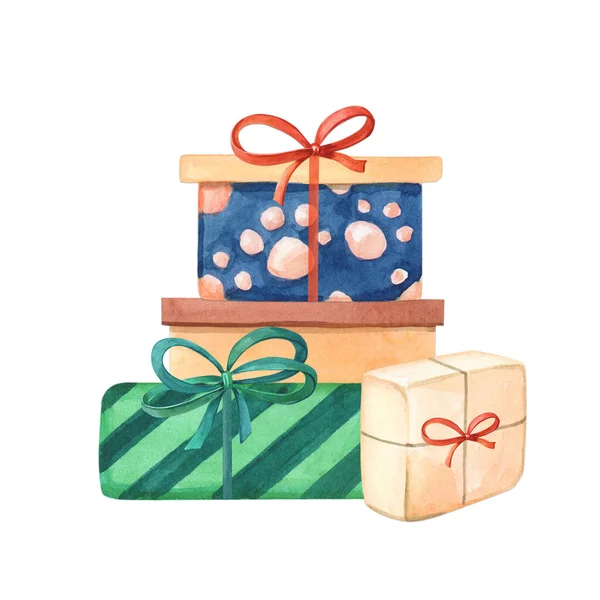 Υδατογραφία κάρτα με πολύχρωμα κουτιά δώρου με φιόγκο. Φωτεινή υδατογραφία Διακοπές — Φωτογραφία Αρχείου