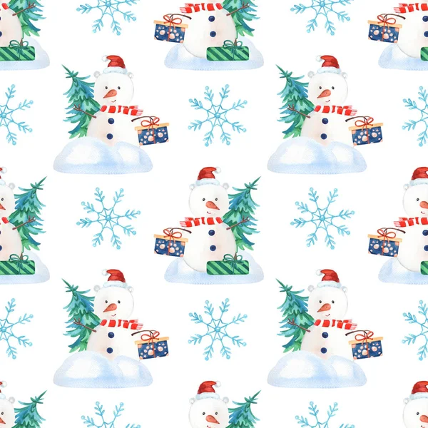 워터 컬러 크리스마스 설인 눈송이 선물 상자 흰색 배경 크리스마스 트리 — 스톡 사진