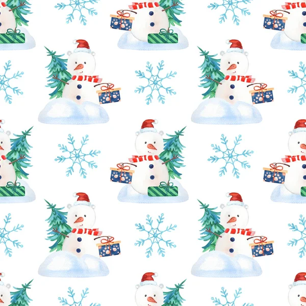 Watercolor Christmas snowman, snowflake, gift box, Christmas tree on white background