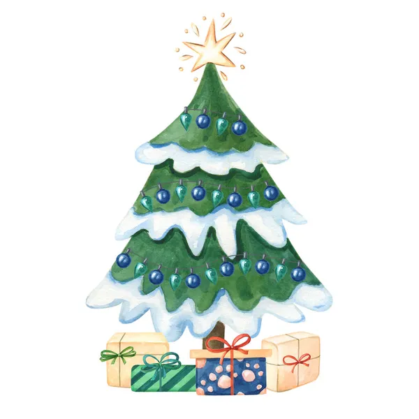 Árbol de Navidad acuarela con cajas de regalo.Ilustración de dibujos animados de invierno —  Fotos de Stock