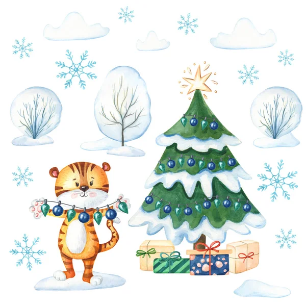 Akvarell Újévi üdvözlőlap aranyos tigris, karácsonyfa, ajándék doboz, — Stock Fotó