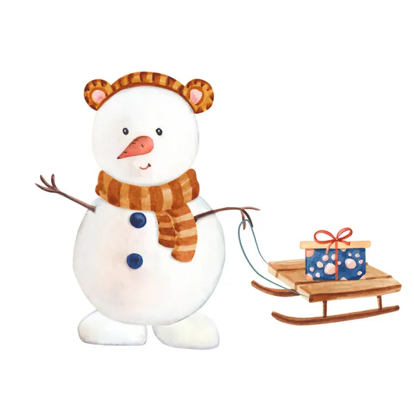 Υδατογραφία χιονάνθρωπος-τίγρης έλκηθρο με κουτί σε λευκό φόντο.Χριστούγεννα έκπληξη. — Φωτογραφία Αρχείου