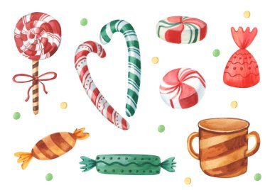 Suluboya şeker seti. Kırmızı ve yeşil çizgili şeker çubukları, lolipop, karamel