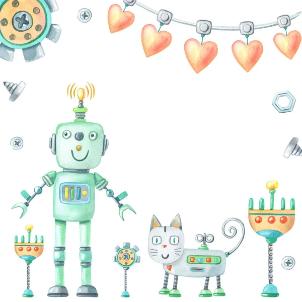 Tarjeta Felicitación Acuarela Con Gato Robot Niño Con Flor Corazón —  Fotos de Stock