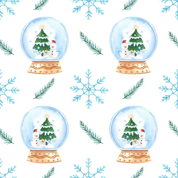 Watercolor Snow Globe Christmas Seamless Pattern Fir Tree Branches Snowman — Stock Photo, Image