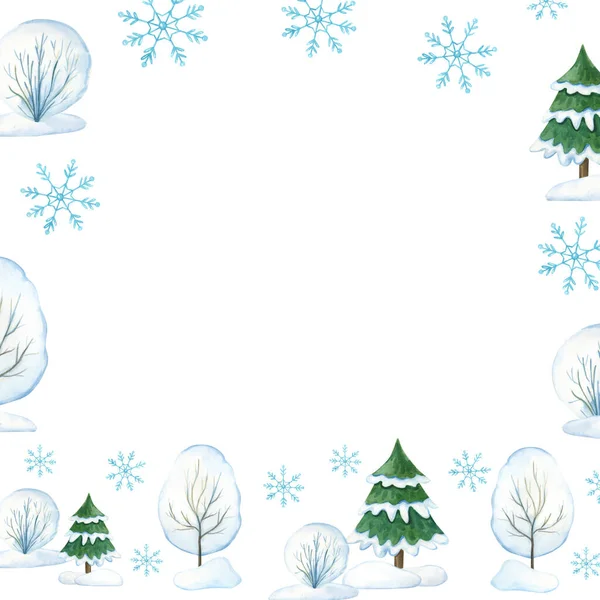 緑のクリスマスツリー スノーバンク ツリー 白い背景に雪の結晶と水彩冬のフレーム 水彩イラスト グリーティングカード — ストック写真