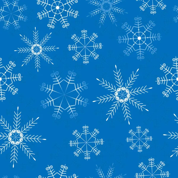 抽象白い雪片とシンプルなシームレスパターン 冬の質感 クリスマス テンプレート 青の背景 — ストックベクタ