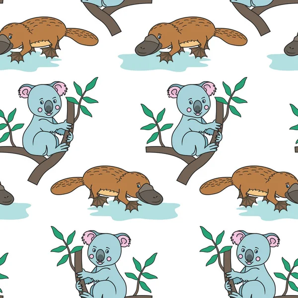 Kacsacsőrű Emlős Ausztrál Állat Koala Egy Eukaliptusz Faágon Vektor Illusztráció — Stock Vector