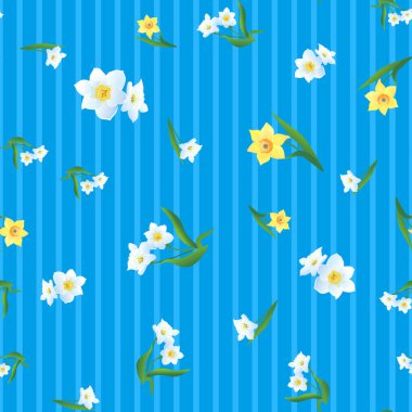 Güzel, kusursuz bir desen. Mavi arka planda sarı ve beyaz nergisli vektör illüstrasyonu
