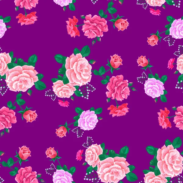 Krásný bezešvý vzor s růžovými růžemi na fialovém pozadí.Letní vektorové ilustrace — Stockový vektor