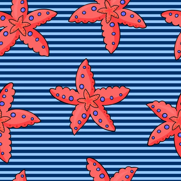 Patrón marino sin costuras con estrellas de mar, rayas horizontales onduladas. Fondo marino en azul — Archivo Imágenes Vectoriales