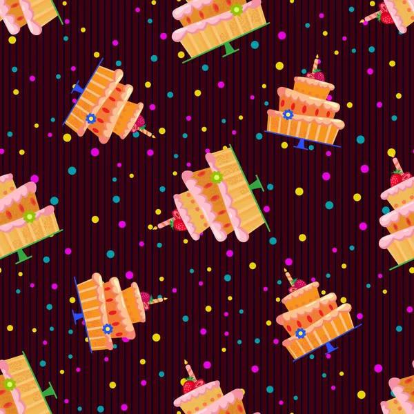 Nahtloses Muster mit Cartoon-Kuchen mit roten Erdbeeren, einer Kerze und einer Blume.. — Stockvektor
