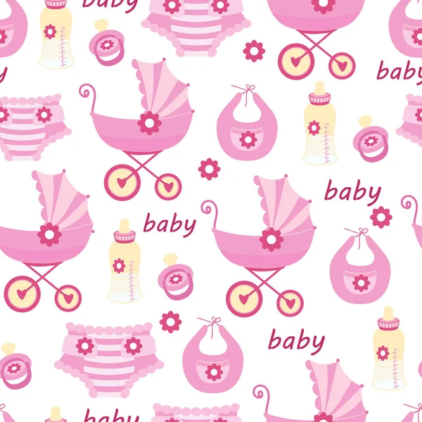 Seamless pattern the first things a newborn baby on a white background.The stroller,bottle of milk,pacifier,bib,diaper. — Stock Vector