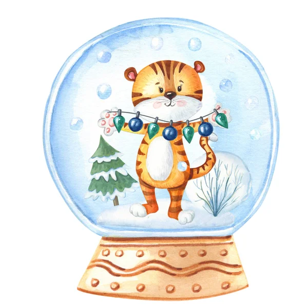 Akvarell Tigris Egy Hógömb Karácsonyi Koszorú Lámpák Aranyos Állat Újévkor — Stock Fotó