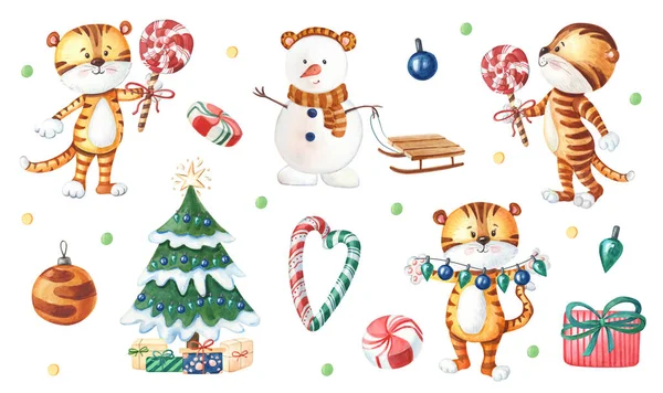 Acuarela Año Nuevo Con Tigres Lindos Muñeco Nieve Árbol Navidad —  Fotos de Stock