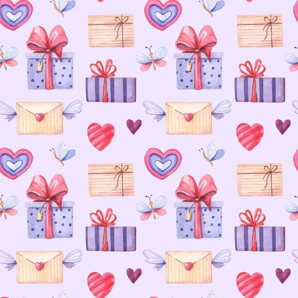 ピンク 紫の心とギフトボックス 蝶の水彩シームレスパターン 封筒のシンボルとバレンタインデーのための水彩イラスト カード 誕生日招待状 パーティーや他の休日のための装飾 — ストック写真