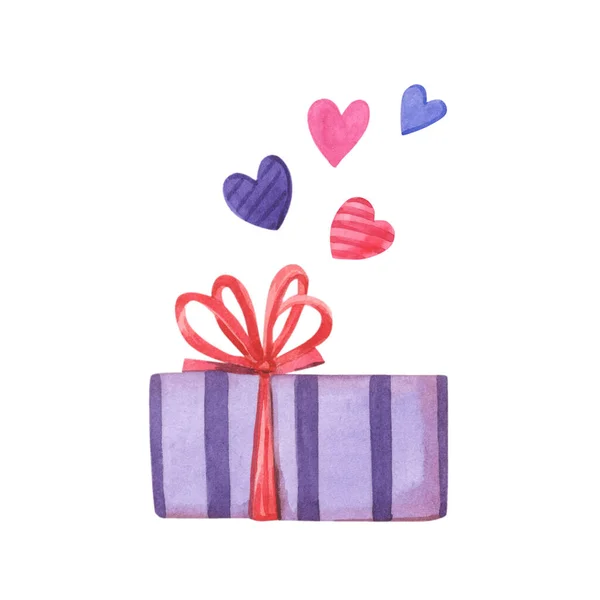 Watercolor gift box with pink,purple hearts. Watercolour illustration for Valentines Day — 图库照片