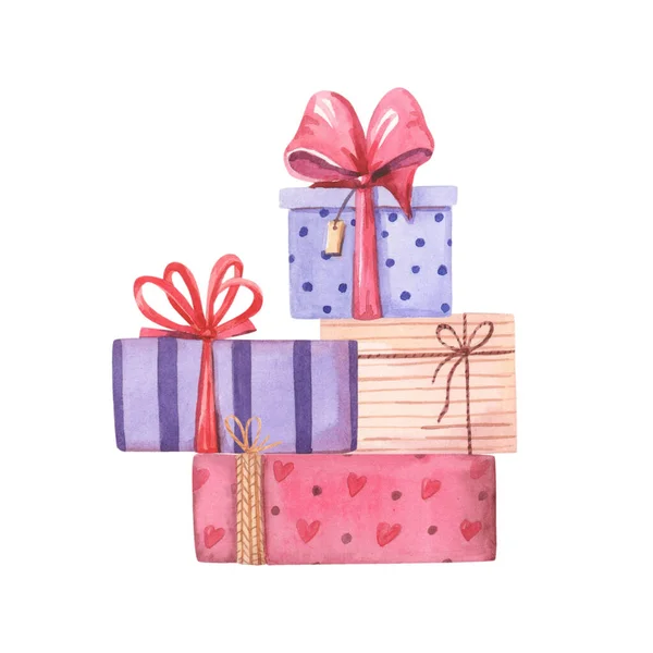 Boîtes cadeaux aquarelle avec coeurs. Cadeaux roses violets. Illustration aquarelle pour la Saint-Valentin. Carte — Photo