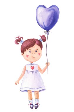 Mor balon kalpli suluboya kız. Sevgililer Günü için kart. Tatlı çocuk.