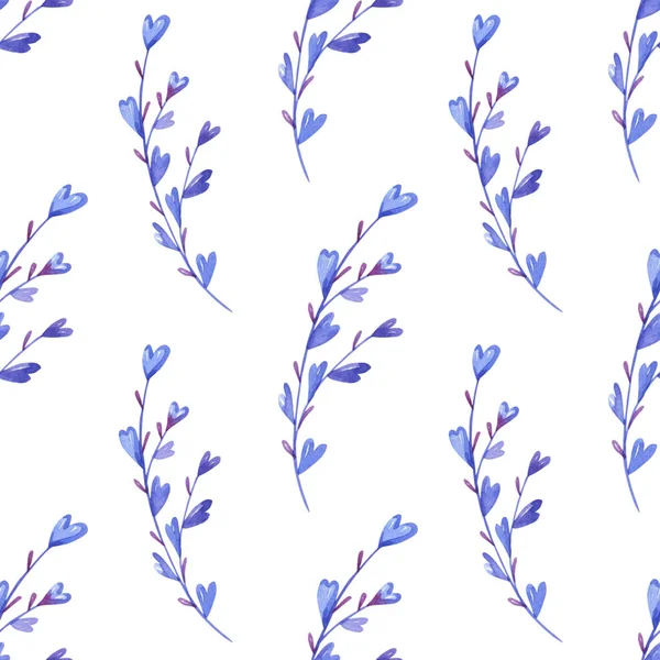 Acquerello floreale modello senza cuciture con erbe di cuori. Fiori di lavanda su sfondo bianco. — Foto Stock