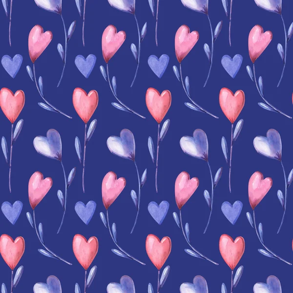 Watercolor seamless pattern with pink, purple heart flowers on dark blue — Stockfoto