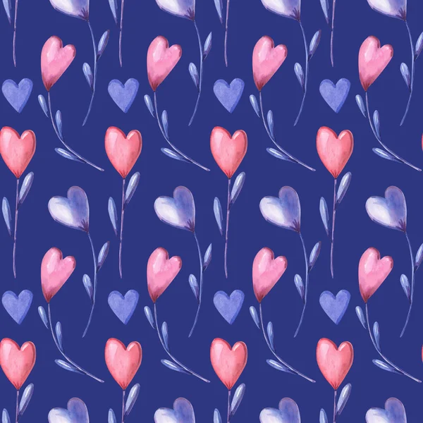 Watercolor seamless pattern with pink, purple heart flowers on dark blue — стоковое фото