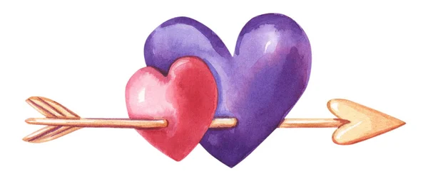 Watercolor arrow with hearts. Illustration for Valentines day. Watercolour simbol — Foto de Stock