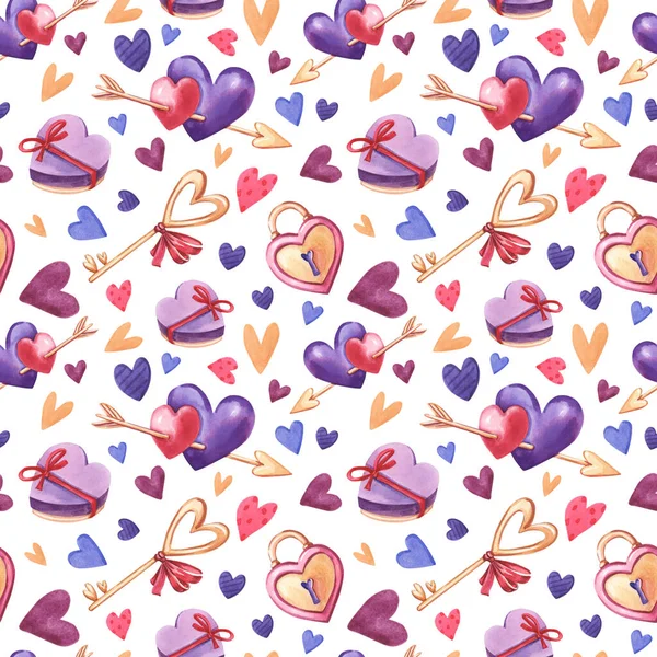 Watercolor seamless pattern of pink,purple heart,key,gift box on white background. — Stock Fotó