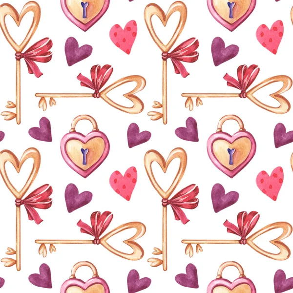 Aquarell nahtloses Muster aus rosa, lila Herz, Schlüssel, Schloss auf weißem Hintergrund — Stockfoto