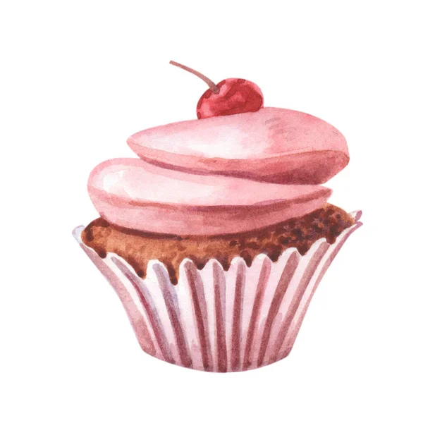 Akvarell rózsaszín muffin piros szívvel. Akvarell illusztráció — Stock Fotó